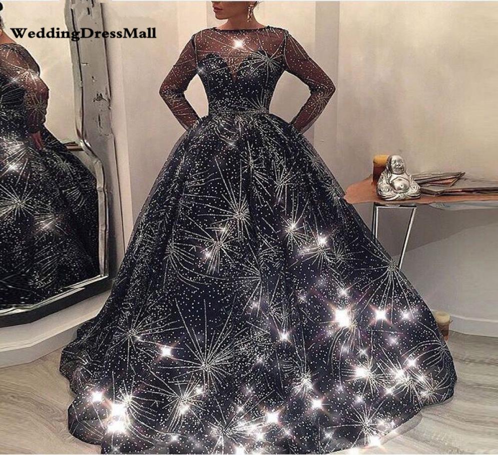 

Long Sleeve Ball Gown Evening Dress Bling Bling Navy Blue Kaftan Dubai Formal Arabic Gown Robe De Bal Longue9404188