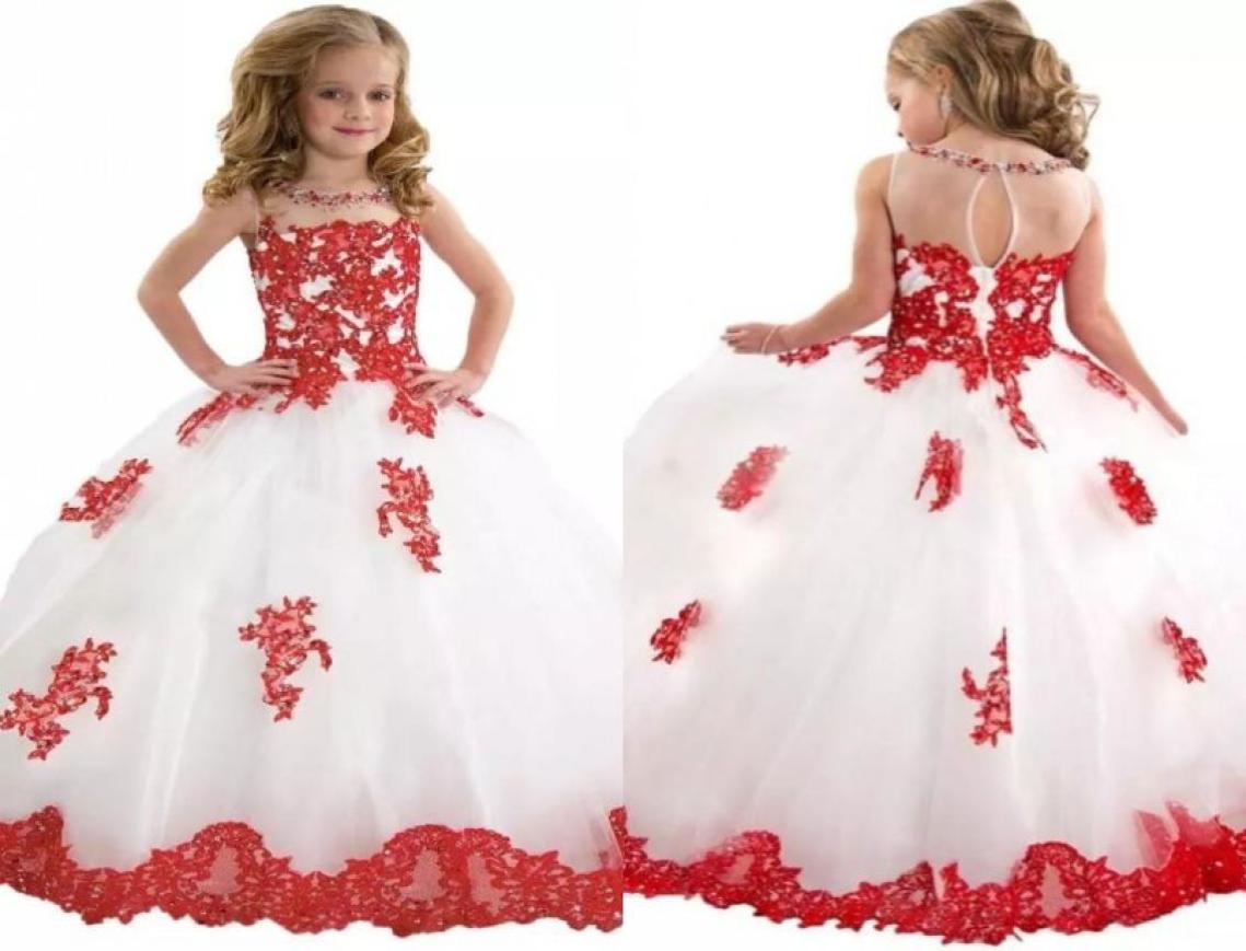 

Princess Girls Pageant Dresses High Quality Sheer Neck Shiny Beads Red Lace and White Tulle Keyhole Back Little Girls Ball Gown Pr3705988, Same as image