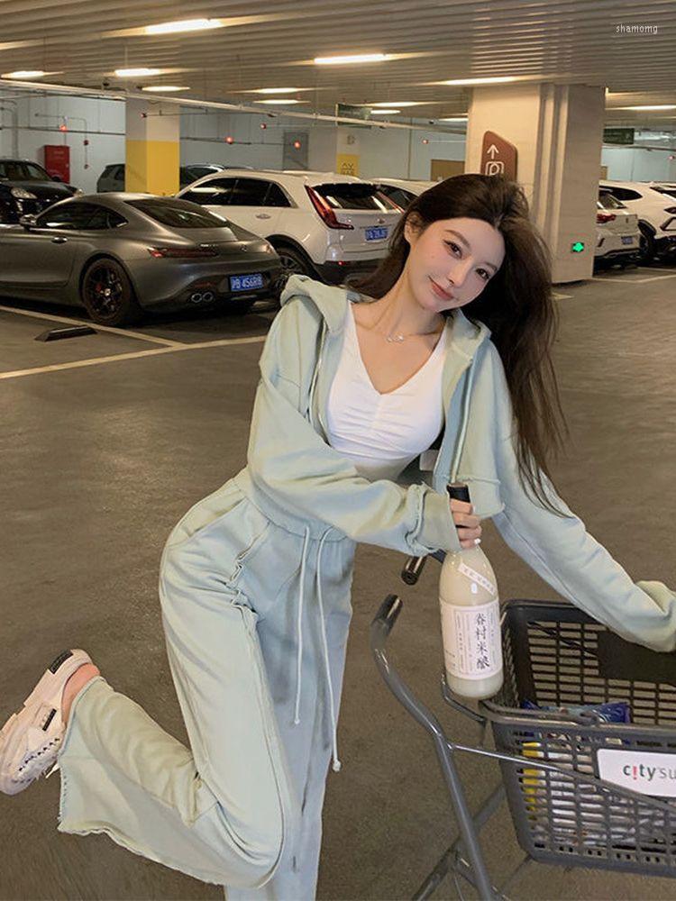 

Running Sets Jogging Suits Women's Lazy Style Spring Sweater Short Jacket Loose Casual Sports Trousers Two-piece Polyester Sweat, Gray