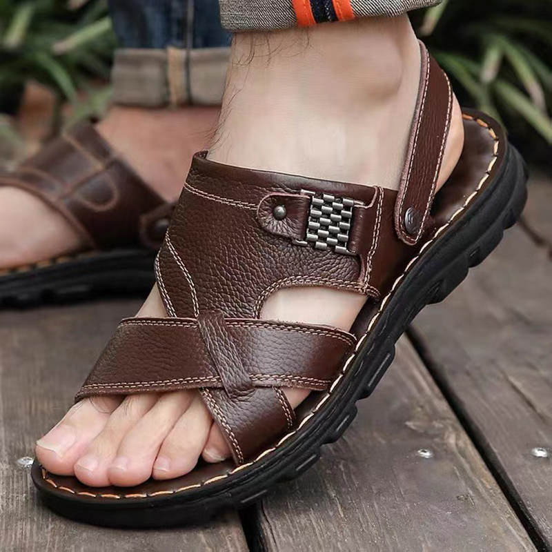 

Sandals Male Sandal Summer Man Shoes Waterproof Nonslip Genuine Leather Soft Sole Slippers Breathable Casual Handmade Men 230628, Brown 02