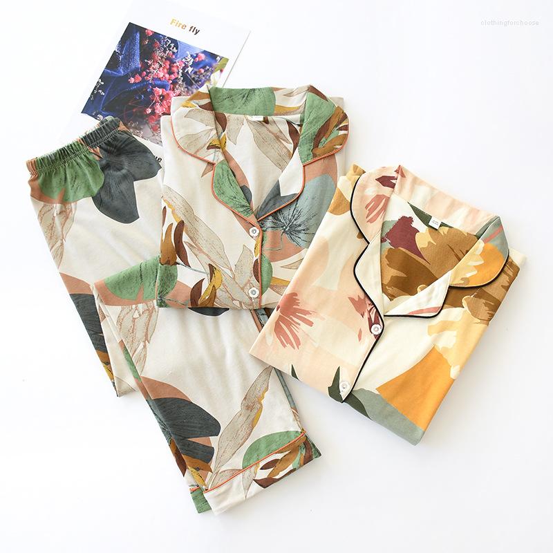 

Women's Sleepwear KISBINI Women Pajamas Set Spring Autumn Knitted Cotton Long Sleeves For Female Palm Leaves Printed Homewear