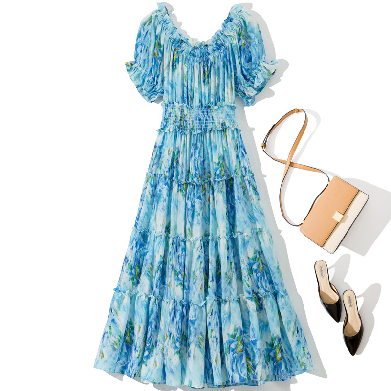 

2023 Summer Pink / Blue Floral Print Panelled Dress Short Sleeve Slash Neck Elastic Waist Midi Casual Dresses Y3L266747