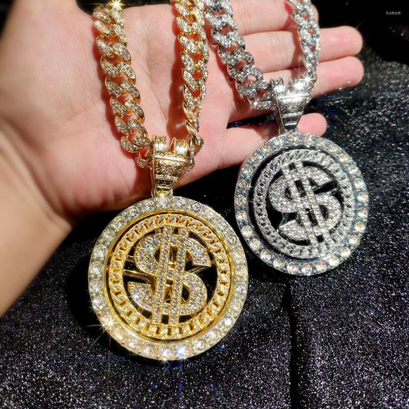 

Pendant Necklaces Men Hip Hop Cuban Link Chain Rotatable Dollar Necklace Iced Out Bling Zircon Stainless Steel Jewelry