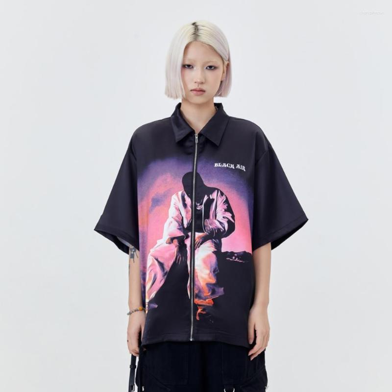 

Men's Polos Zip Up Oversized Polo Shirts And Blouses For Men Women Printed Aesthetic Gothic Grunge Clothes Streetwear Hip Hop Summer Tops, Black