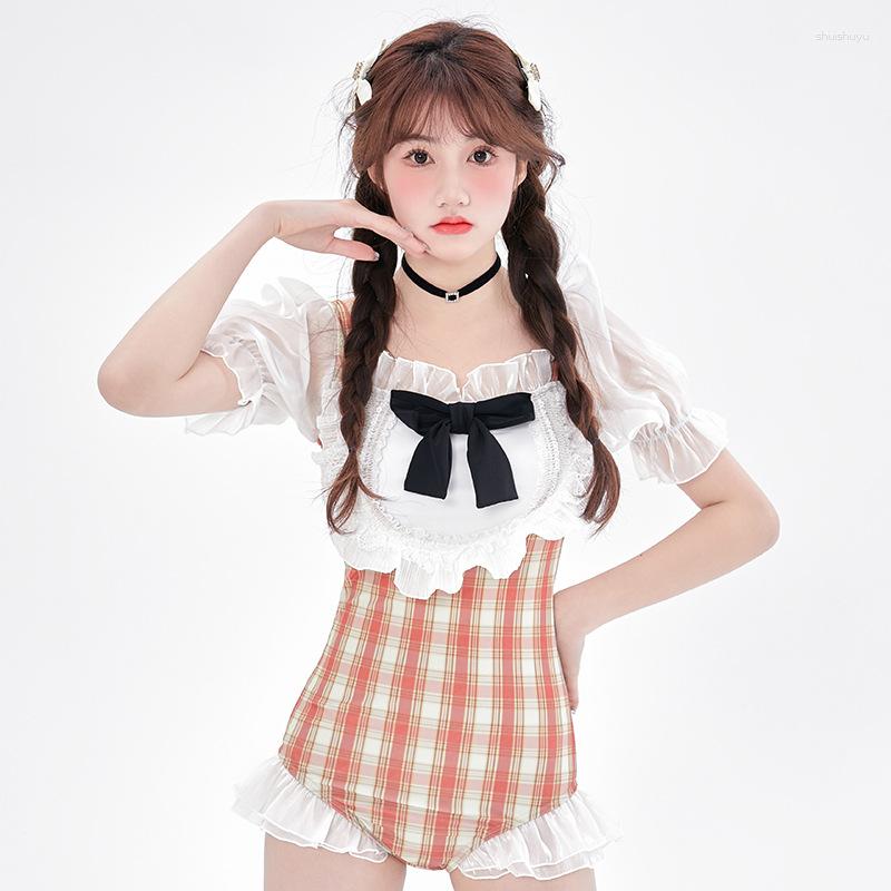 

Women's Swimwear Wisuwore One Piece Swimsuit Women Plaid Patchwork Push Up Monokini Pad Swim Suit Bow Bathing Korea Style 2023