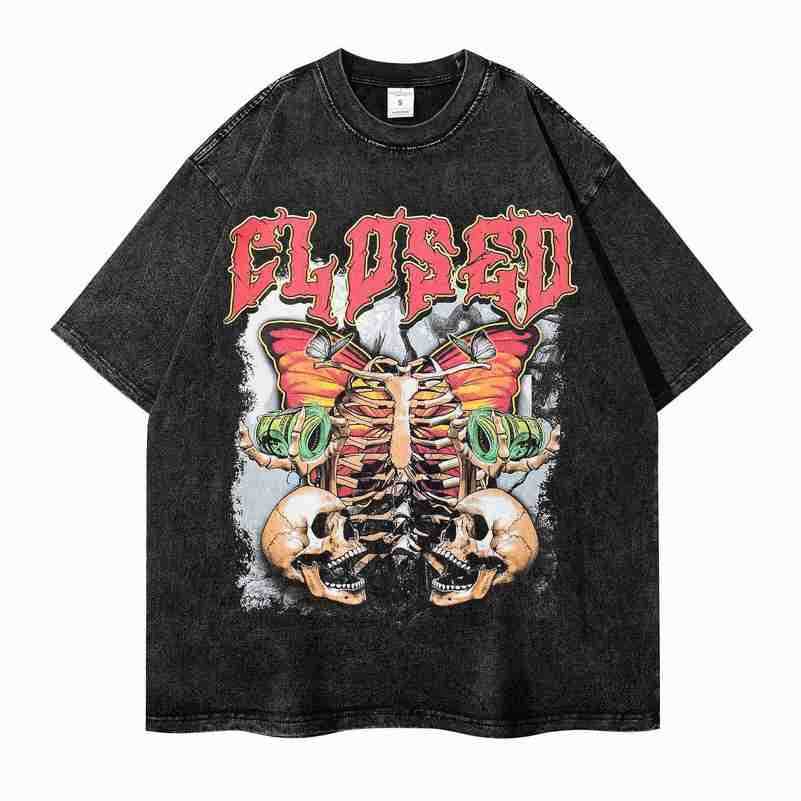

American High Street Loose T-shirt Printed Stir Fried Snowflake Short Sleeve T-shirt Co branded Skeleton Short Sleeve T-shirt Men' Summer, Fried flower black