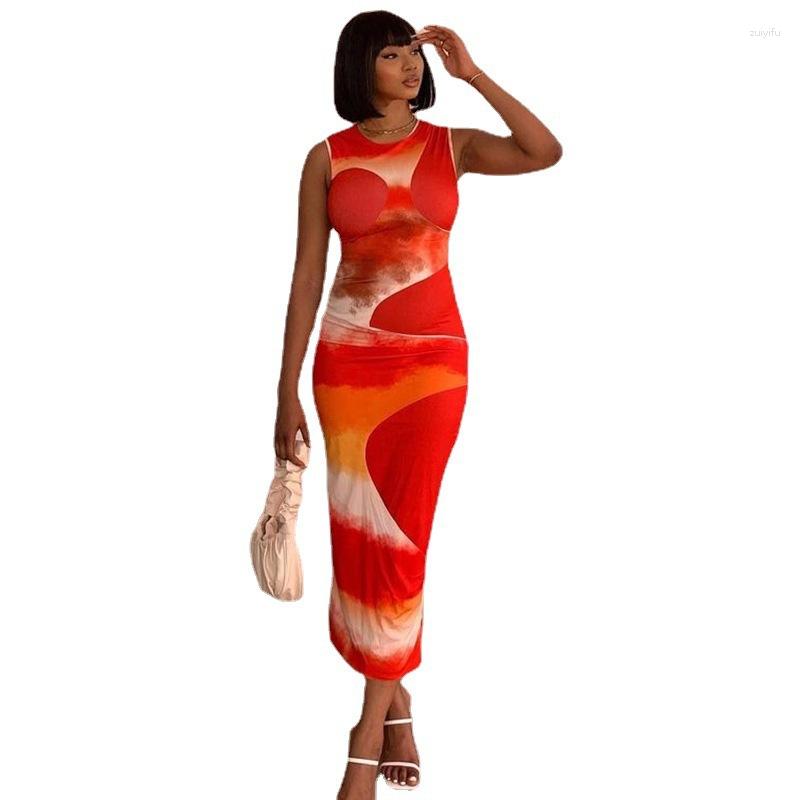 

Casual Dresses European And American Style 2023 Summer Women' Fashion Printed Round Neck Sleeveless Buttocks Wrapped Long Dress, Red