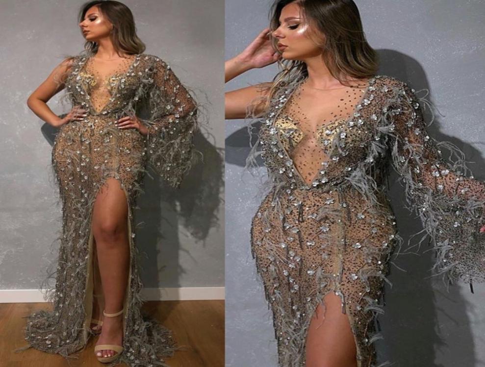 

2020 Bling Mermaid Evening Dresses Jewel Neck Beaded Sequins Feather Side Split Prom Dress Long Sleeves Sweep Train Formal Party G4082855, Dark red