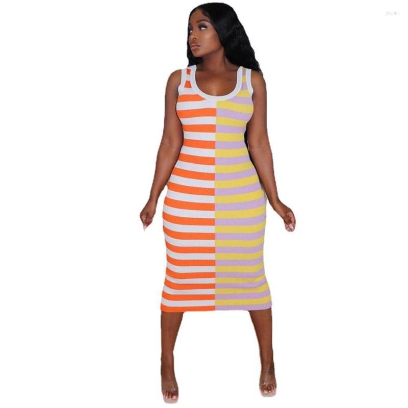 

Casual Dresses Summer European And American Women' Striped Print Round Neck Sleeveless Sexy Dress Long Dress/-2XL, Pink