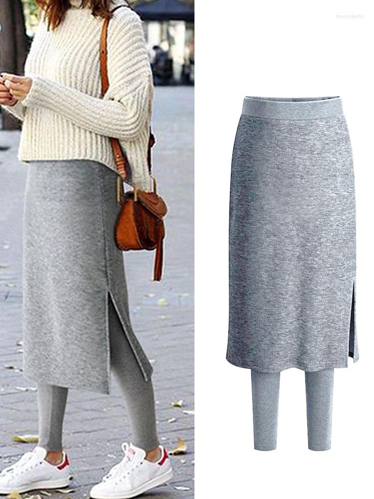 

Women' Leggings Fake Two Culottes Women Warm Winter Tights Thermal Pants Skirts Fleece Leggins Sweatpants -6XL Clothes, Dark gray thin