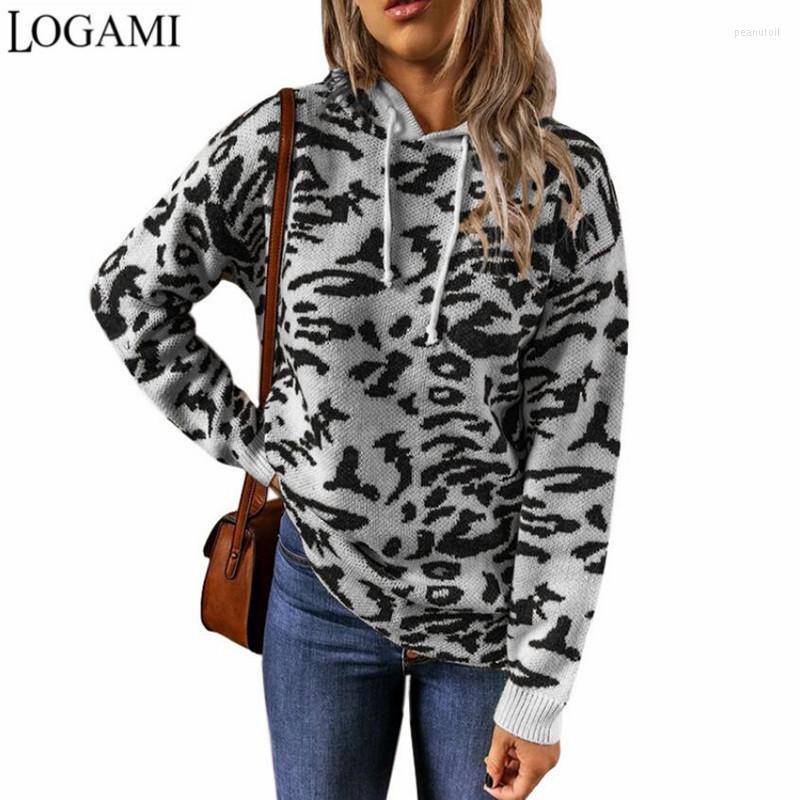 

Women' Sweaters LOGAMI Leopard Knitted Drawstring Hooded Sweater Women Long Sleeve Thick Pullover Autumn Winter Vintage, Beige