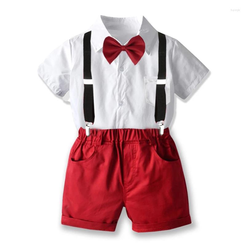 

Clothing Sets Toddler Boys Summer Clothes Kids Outfit Baby White Shirt Red Shorts With Suspenders 4 Pieces Children Costume, Cs001z