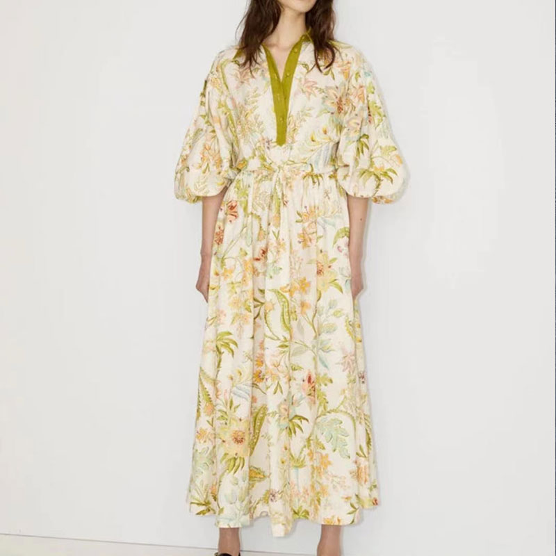 

Australian designer dress women designer clothing printed linen shirt collar tie up slim fitting holiday dress Long Gowns for Women, Multi