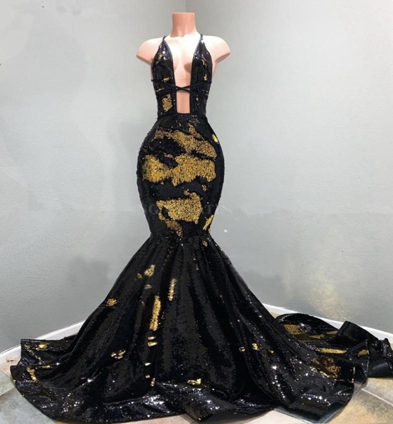 

Deep VNeck Backless Black and Gold Mermaid Prom Dresses 2020 Sparkly Sequins Velvet Plus Size Long African Evening Formal Dress1849821, Same as image