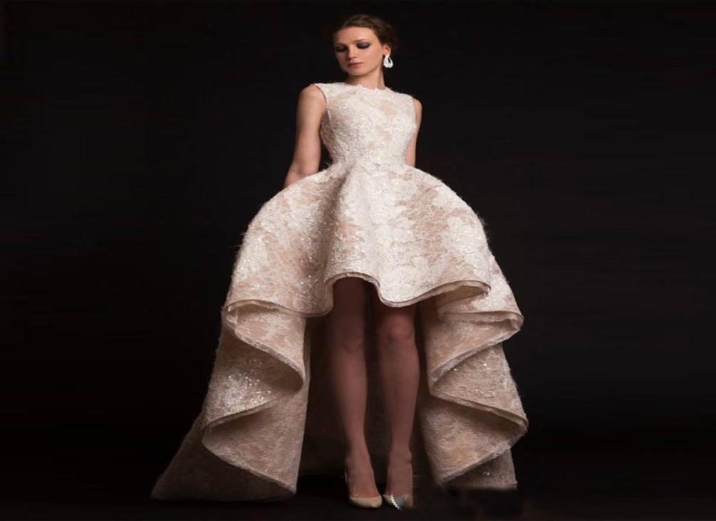 

Elegant HiLo Lace Prom Dress Jewel Sleeveless Ruffle Evening Gown 2017 New Fashion Homecoming Dresses Custom Made2861906, Champagne