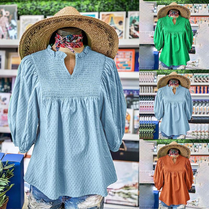 

Women's T Shirts Ladies Trumpet Sleeve Pleated Cotton V Neck Shirt, Orange