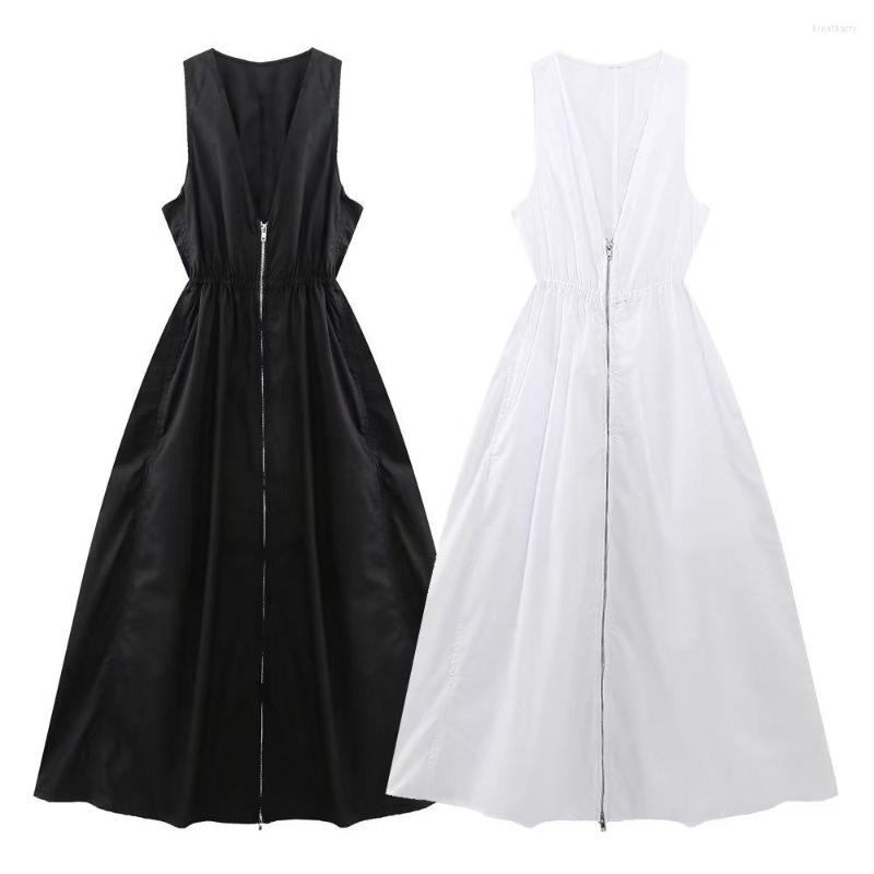 

Casual Dresses Women's High-quality White And Black Solid Color Dress Sleeveless V-neck Zipper Girls Holiday Long, Bj-3147