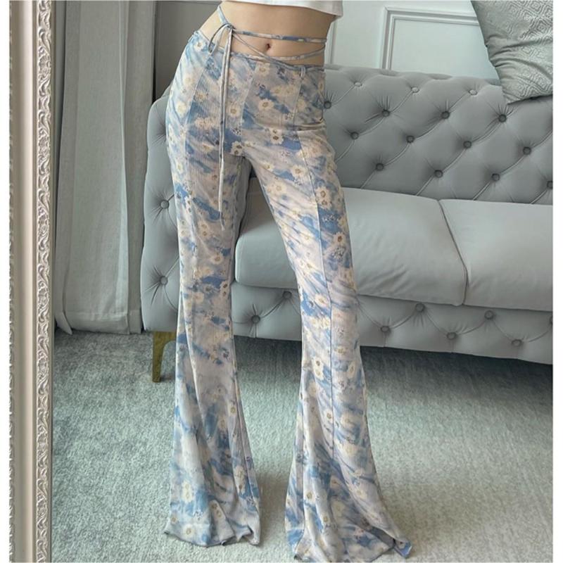

Women' Pants Women' High Waist Flared Daisy Print Lace-up Trousers 2023 Spring