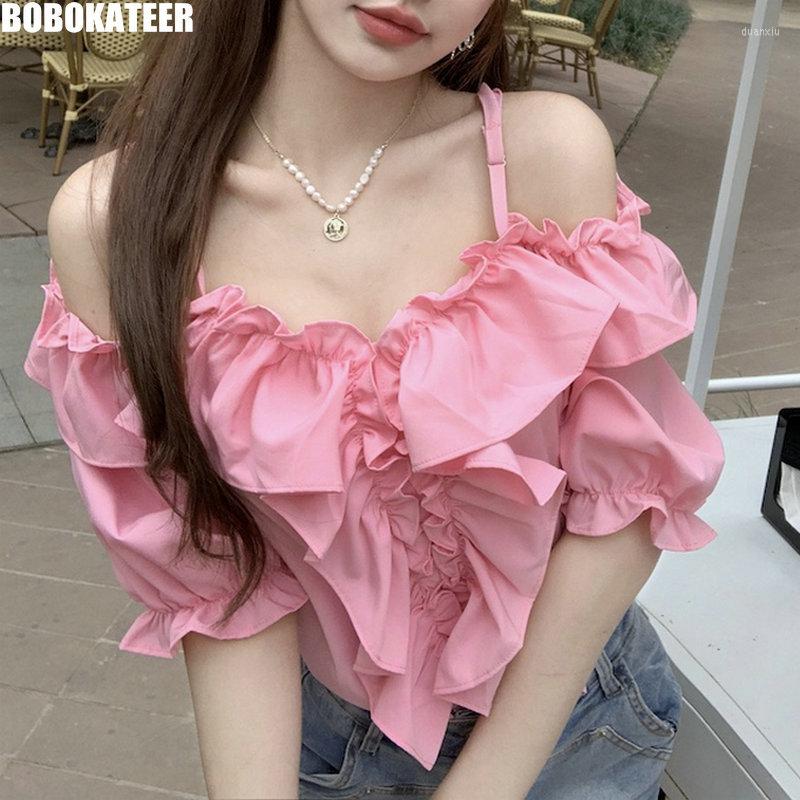 

Women's Tanks BOBOKATEER Summer Off Shoulder Top Women Clothes Short Sleeve Camis Blouses Pink Sexy Crop Tops Shirt White Korean Fashion