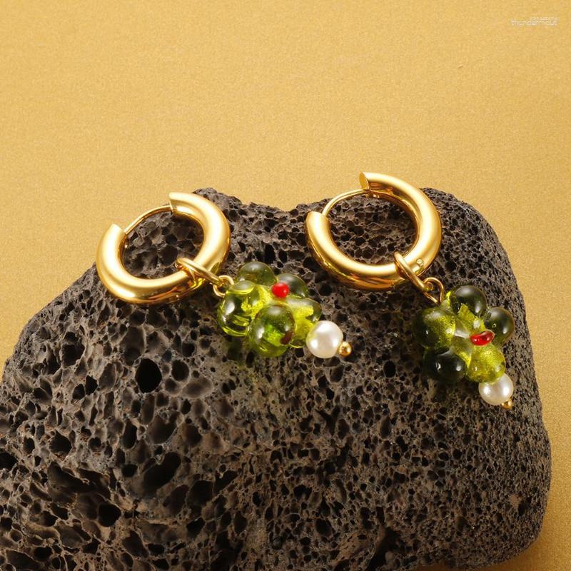 

Hoop Earrings Green Flower Pendant Stainless Steel Pearl Drop For Women Small Huggie Ear Fashion Jewelry Accessories