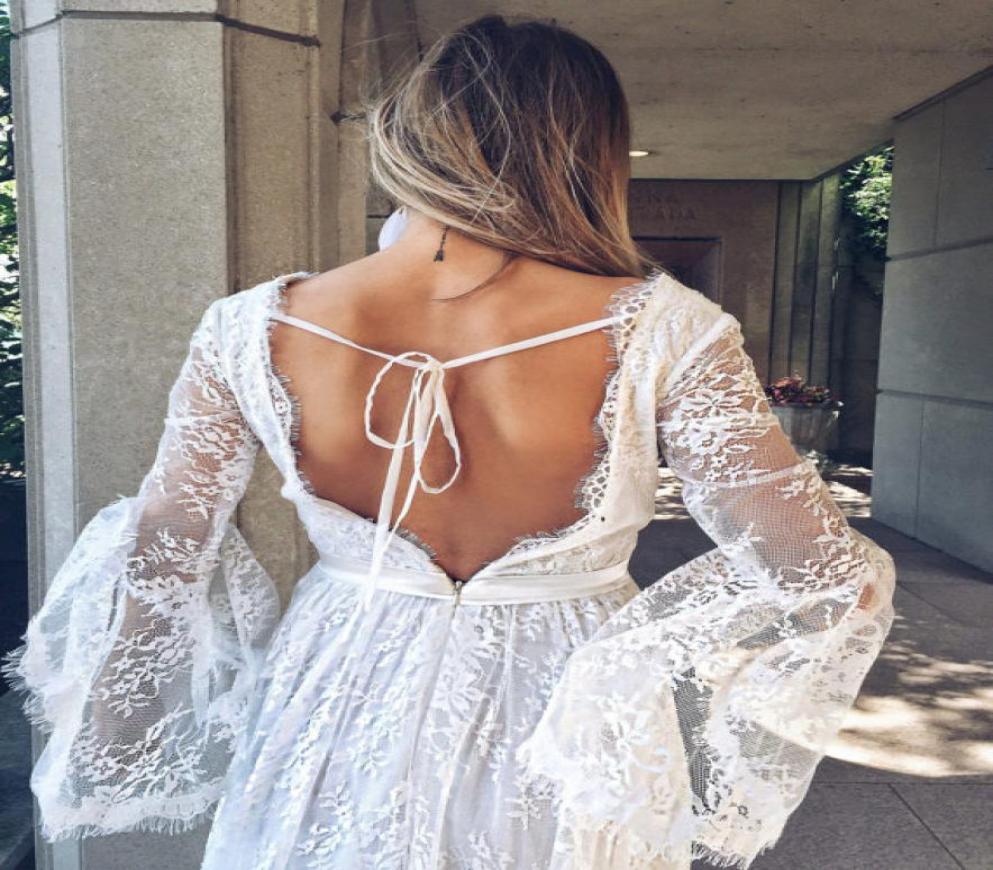 

Beach Wedding Dresses New Arrival Summer Lace Long Sleeves Bridal Gowns Sexy Backless Court Train Lace Wedding Dresses Plus Size5619875, White