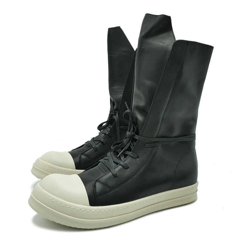 

rick Ro high boots cavalry long tongue boots rick thick soled high top men's shoes GD Jacky Xue same fashionable zipper owens, Black and white