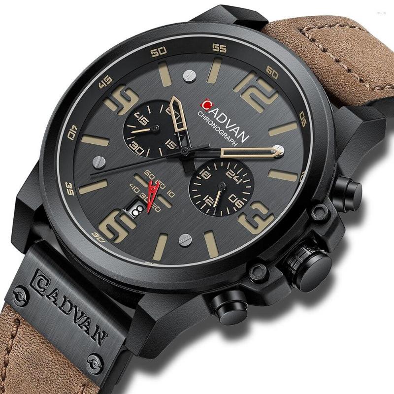 

Wristwatches CADVAN Mens Watches Top Waterproof Sport Wrist Watch Chronograph Quartz Military Genuine Leather, Brown
