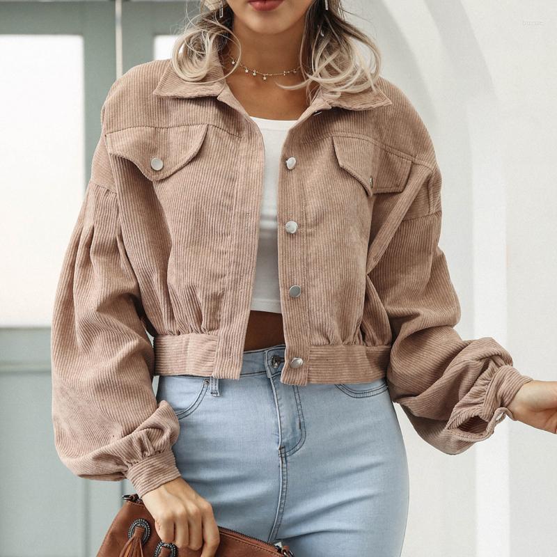

Women' Blouses Fashion Overcoat Autumn Single Breasted Outwear Vintage Corduroy Coat Women Jacket Winter Lantern Sleeve Cropped Jackets, Khaki
