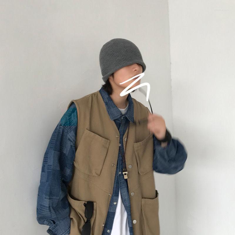 

Men's Tracksuits Japanese Autumn Men's Multi-pocket Cotton Tooling Vest Shirts Suit Retro Long-sleeved Causal High Street Shirt Male, Black vest