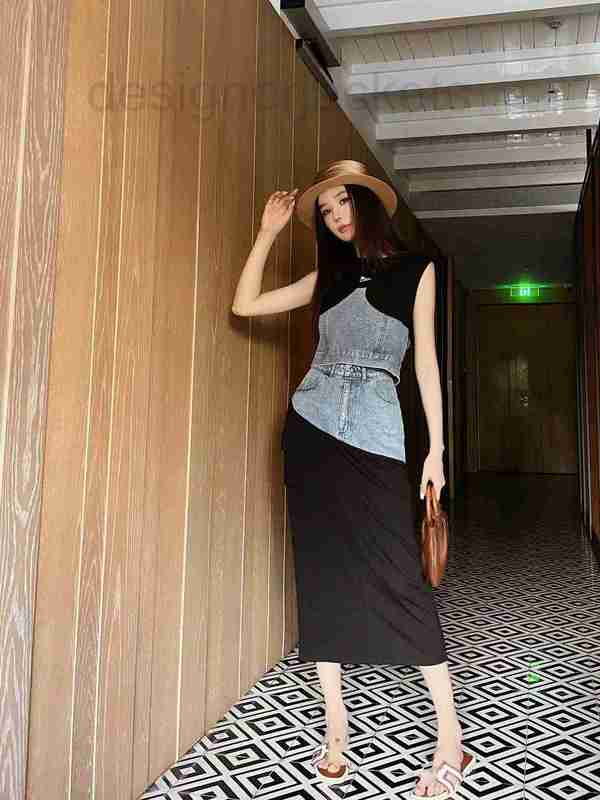 

Two Piece Dress Designer High end European 2023 Summer New Splice Design Temperament Celebrity Style Denim Set 076P, Black4