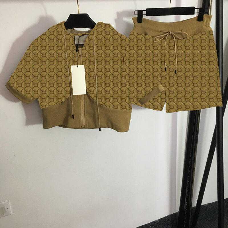 

Full Letters Jacquard Tracksuit Fashion Hooded Jacket Shorts Women Brand Sport Tracksuit Hip Hop Personality Coat Shorts Suit Sets, Khaki