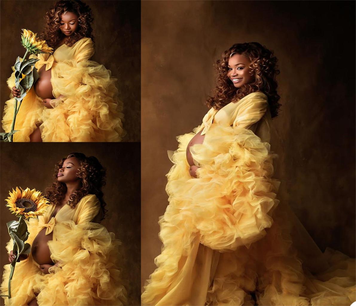 

Ruffles Night Robe Yellow Maternity Dress for Poshoot or Babyshower Po Shoot Lady Sleepwear Bathrobe Sheer Nightgown9294000