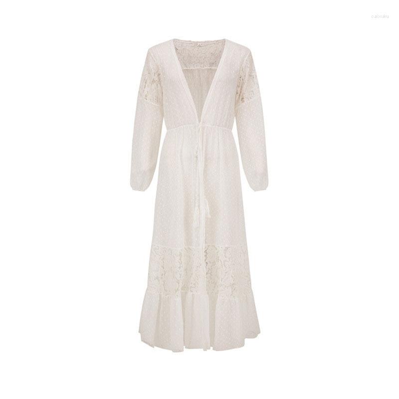 

Women' Swimwear Summer Bikini Beach Smock Sexy Chiffon Lace Lace-up Cardigan Women Thin Long Sleeves Tassel Sun-protective Clothing, White