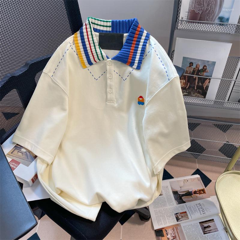 

Women's T Shirts DAYIFUN Summer T-shirts Lady French Contrasting Knit Collar Short Sleeve Tshirt Women Hong Kong Style Lapel Ins Casual Tops, Apricot
