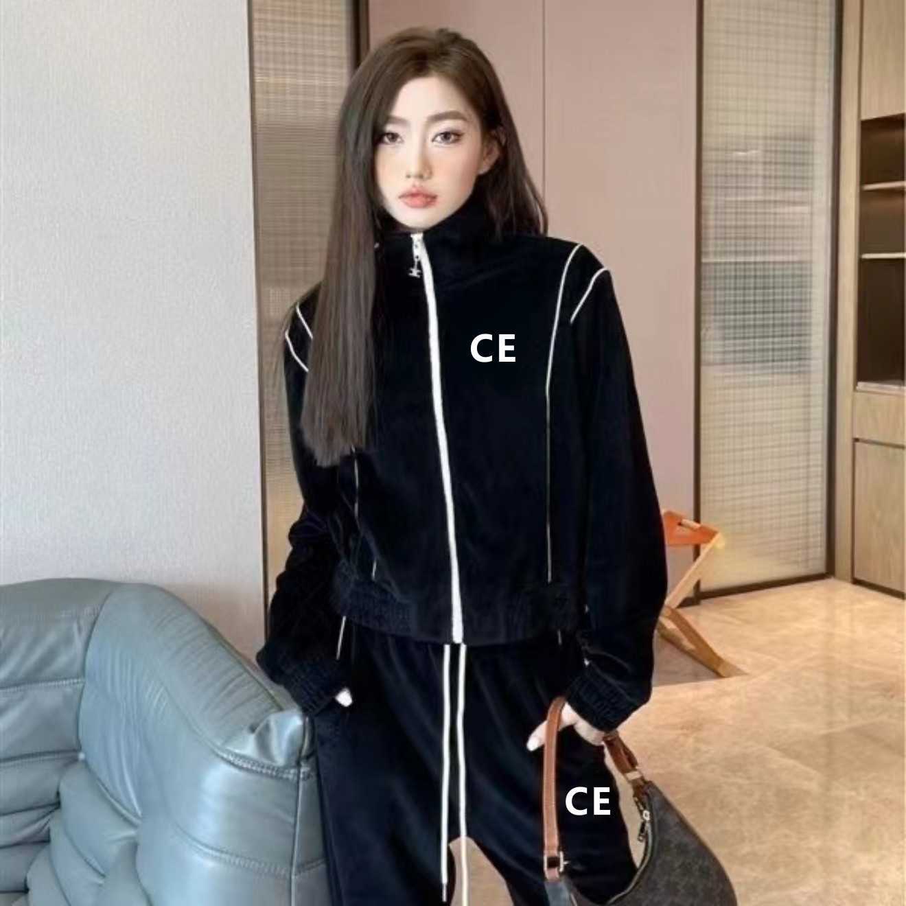 

Women's Two Piece Pants Casual Suits Designers CE Jackets Coats For Women Long Sleeve Zipper Jacket Cool Girls Streetwear Womens Clothing Set E100, Black