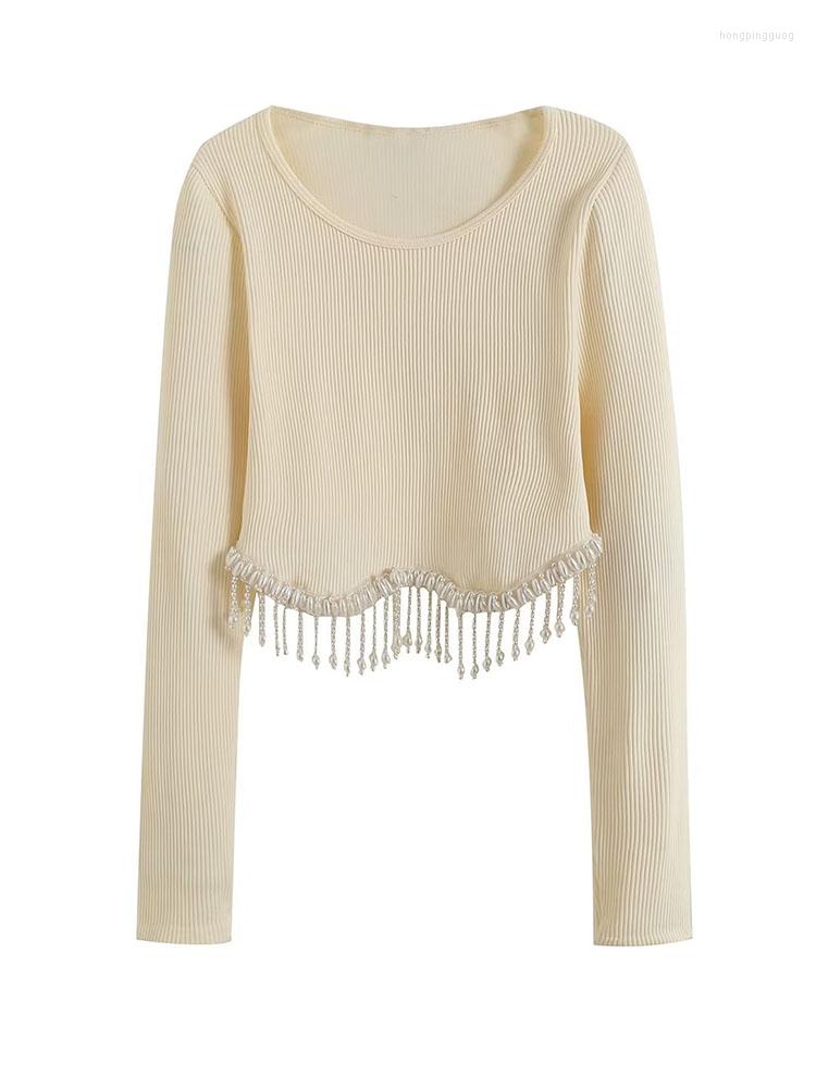 

Women' Sweaters Spring And Autumn Sweater Tassel Short Metal Chain Thread Round Neck Slim Soft Long Sleeve Pullover Top, Black