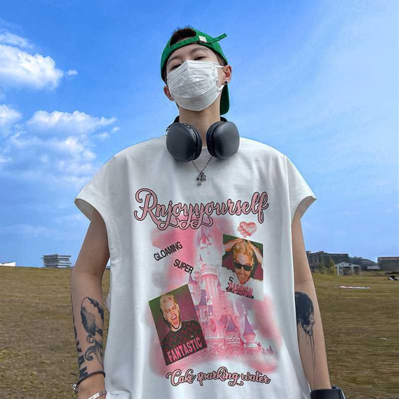 

Short sleeved T-shirt for men' summer hip-hop trendy brand sleeveless vest American loose fitting casual half sleeved T-shirt, White