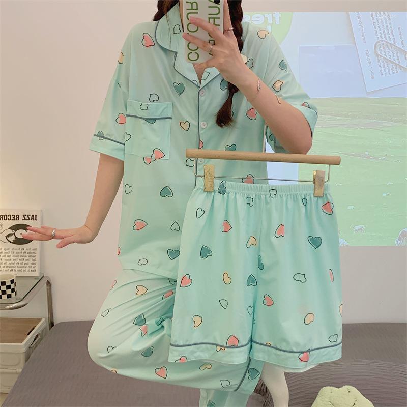 

Women's Sleepwear Cotton Imitation Summer And Autumn Short Sleeved Long Pants Shorts Pajamas Women's Home Clothing Set, A2305