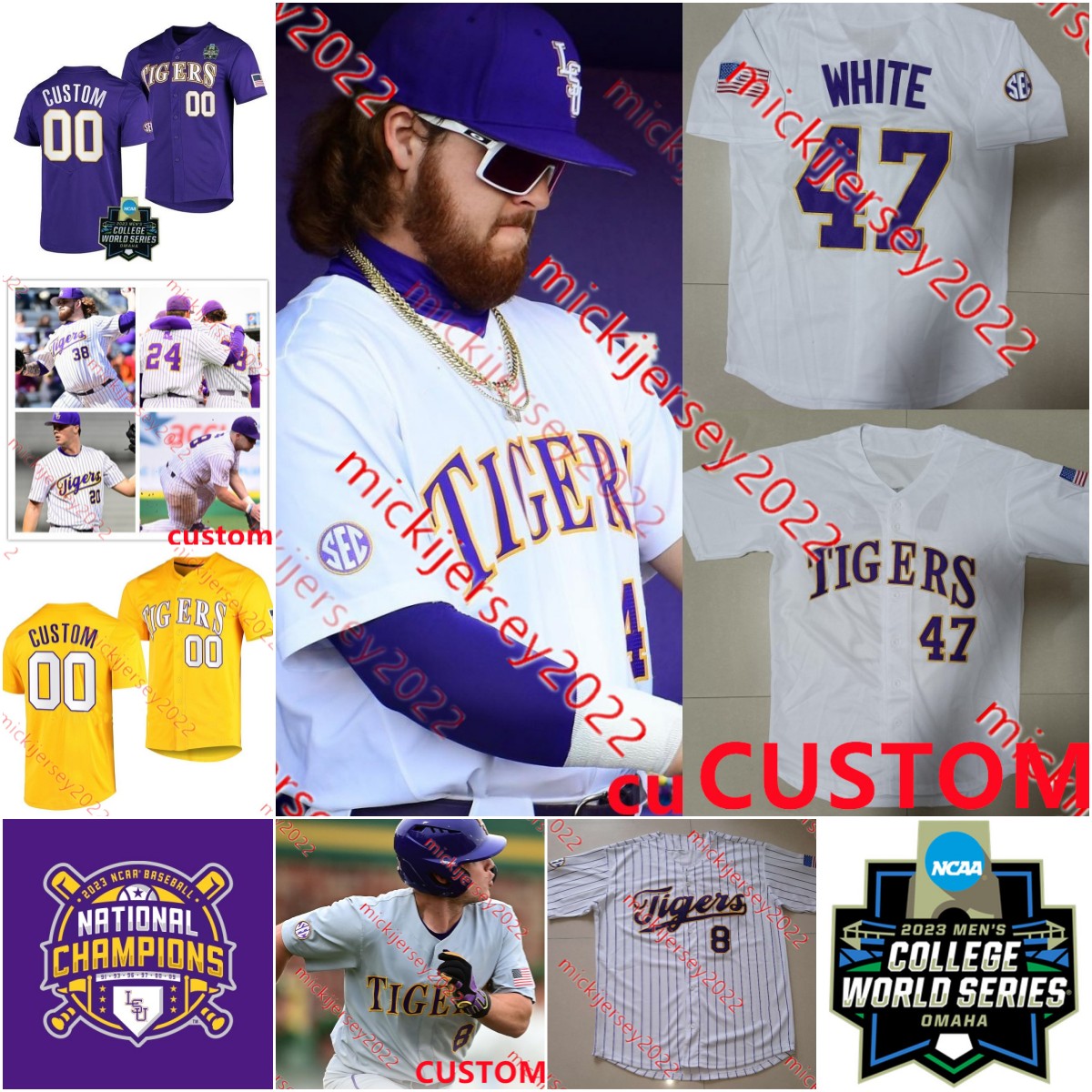 

2023 MCWS National Champs LSU Tigers Baseball Jersey Brady Neal Jared Jones Gavin Dugas Jordon Thompson Paxton Kling Ty Floyd Custom Stitched Mens LSU Tigers Jerseys, Grey tigers/2023 mcws