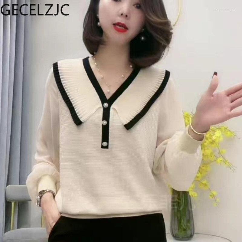 

Women's Sweaters GECELZJC Sweater Women Office Lady Turn-down Collar Button Lantern Sleeve Pullover Femme Straight Winter Fashion Tops, Black