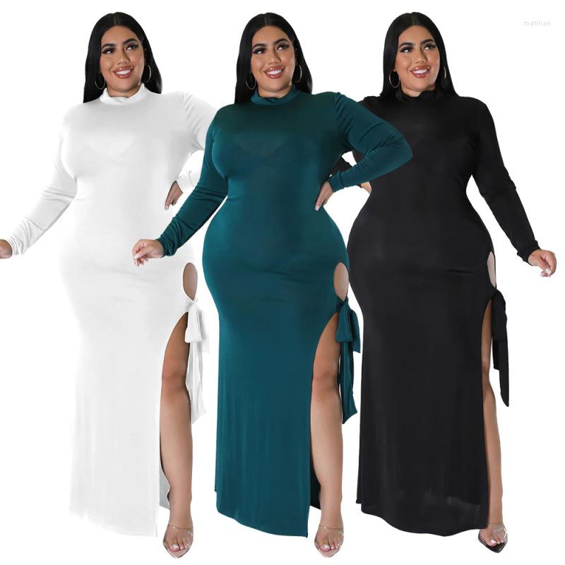 

Casual Dresses Fashion Autumn And Winter Large Women' Wear Selling Sexy Split Lace Up Open Leg Long Sleeve Dress With Elegant Temp, Black