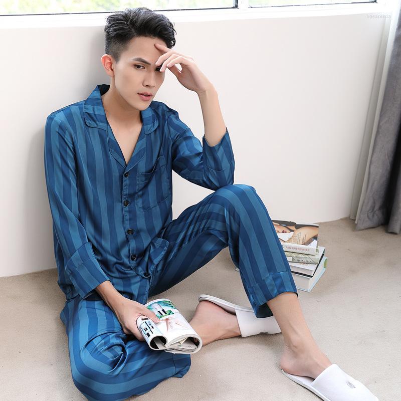 

Men's Sleepwear Men's Striped Silk Pajamas For Men Two Pieces Satin Pajama Set Loungewear Mens, Blue