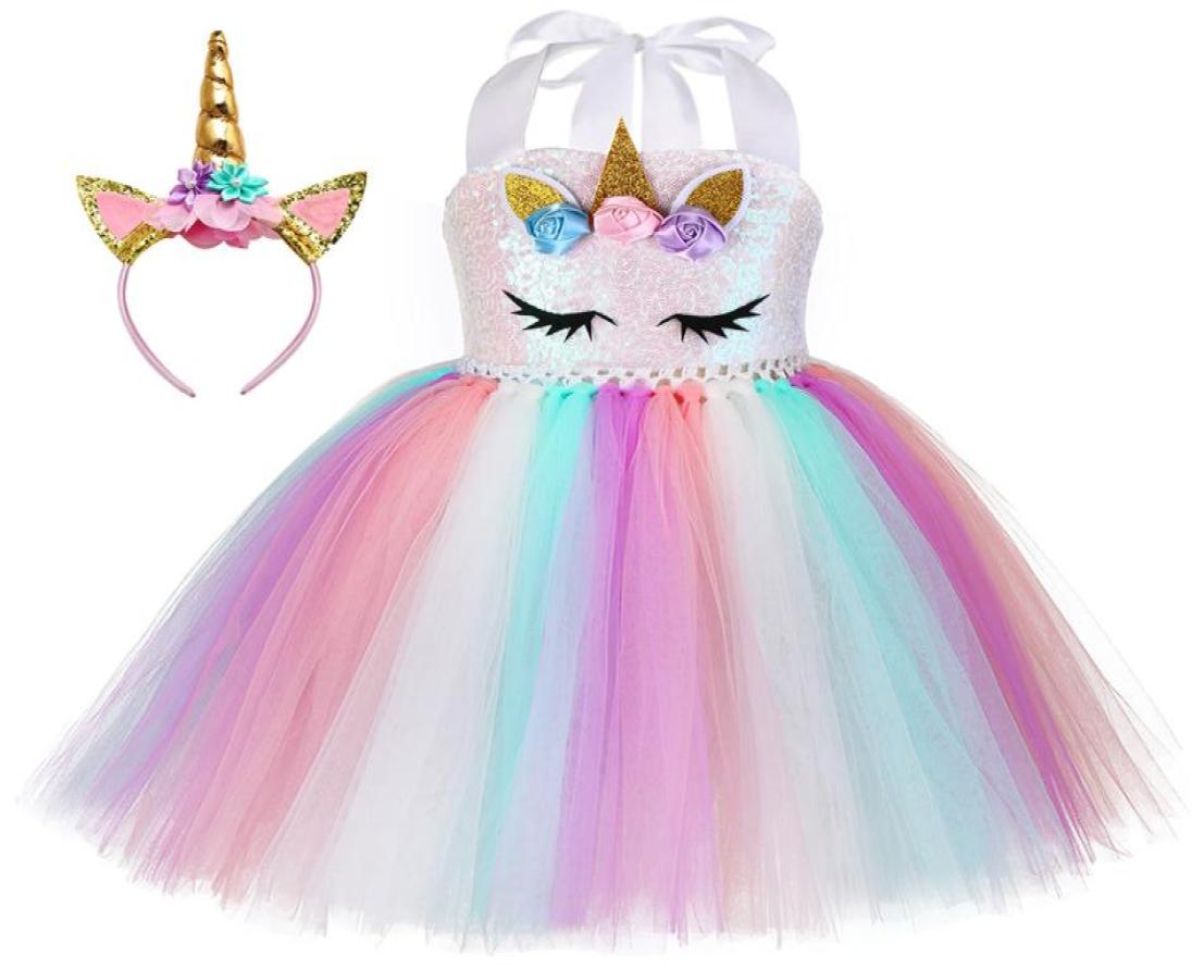 

New Tutu Dress with Headband for Girls Kids Unicorn Sequin Suspender Tulle Dress Children Party Costume Fast Shipment7296272, White