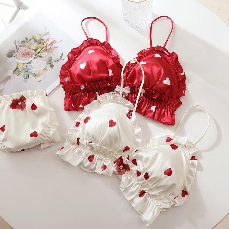 

Bras Sets Japanese Sweet Style Kawaii Wireless Bra And Panties Cute Ruffle Underwear Lolita Student Lingerie Lace Bralette Sexy Set, Red
