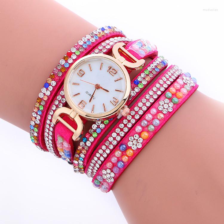 

Wristwatches 100pcs/lot 918021 Lady Wrap Around Watch Color Rainbow Strap Long Leather Quartz Elegance Wholesale, Pink