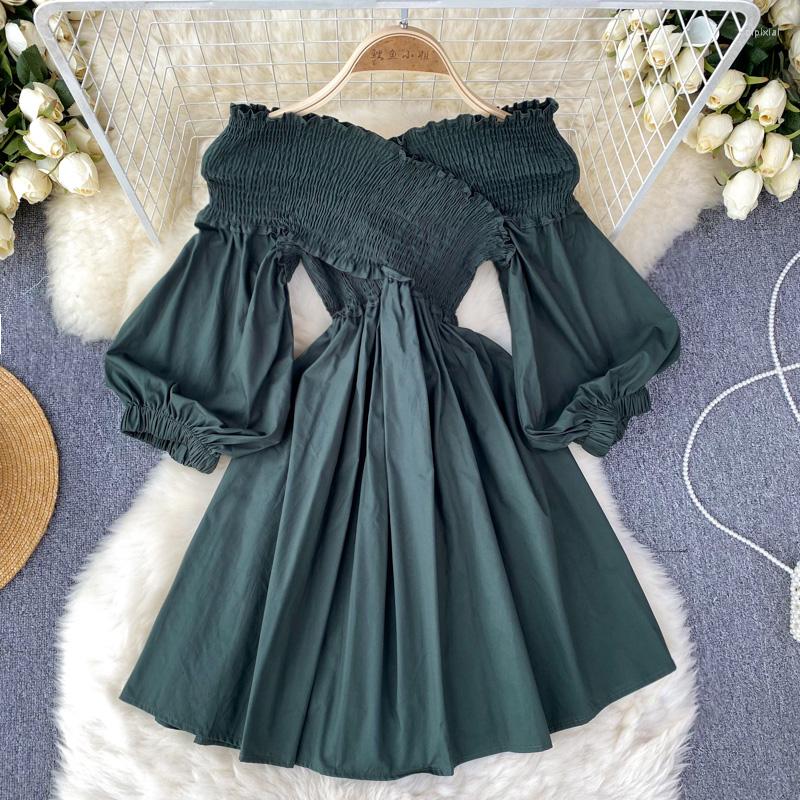 

Casual Dresses Spring Summer One Line Neck Dress Folded Lantern Sleeves Waist Wrap Design Small Size ABG Skirt, Green