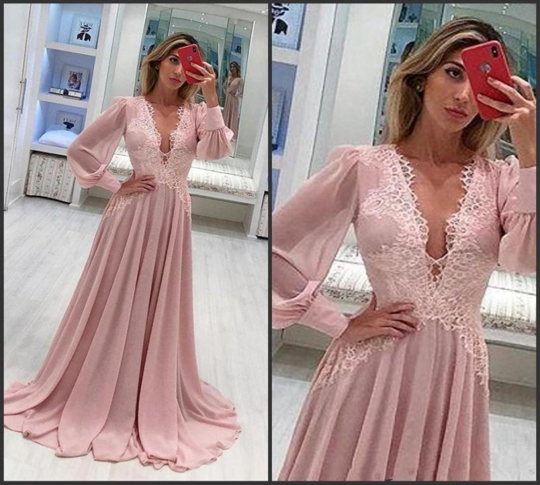 

Sexy Deep V Neck Mother of the Bride Dresses with Lace Applique Long Sleeves Evening Party Gowns A Line Chiffon Prom Dresses9890019