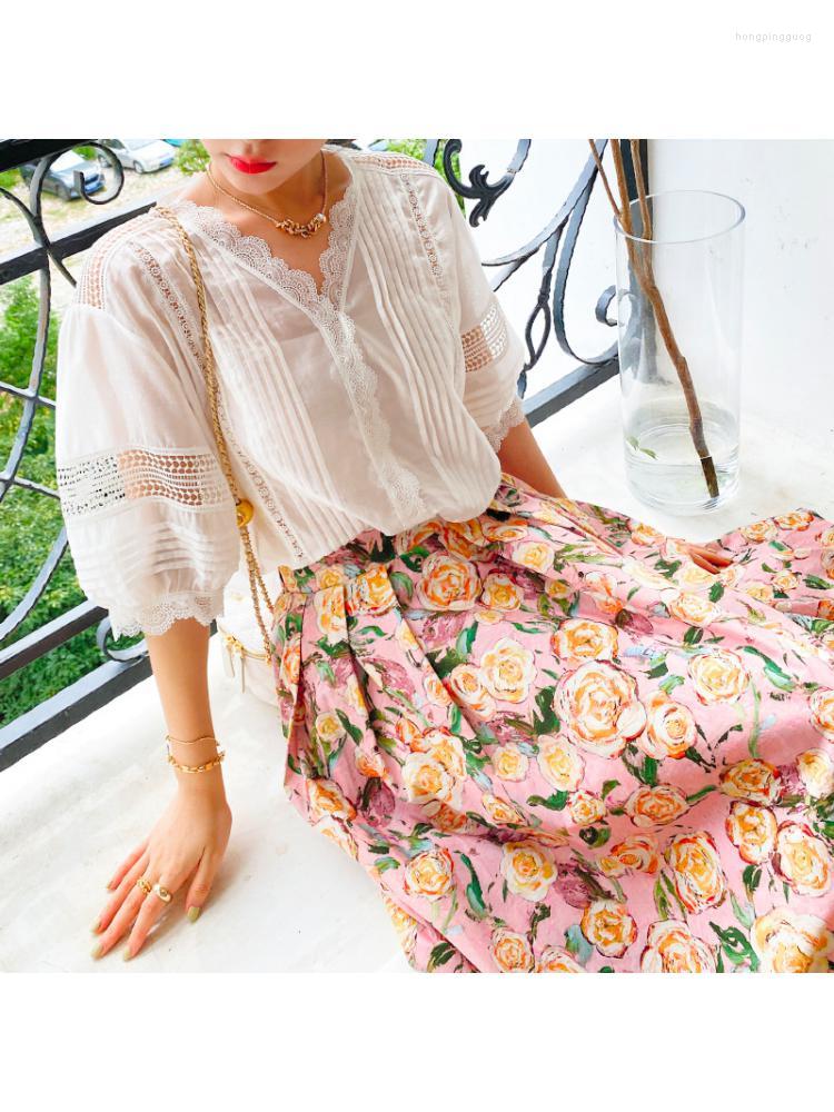

Women' Blouses 2023 Summer Thin Shirt Half Puff Sleeves French Style Elegant Lace Splicing Hollow Out Loose White Women Lyocell Tops Blouse, Creamy-white