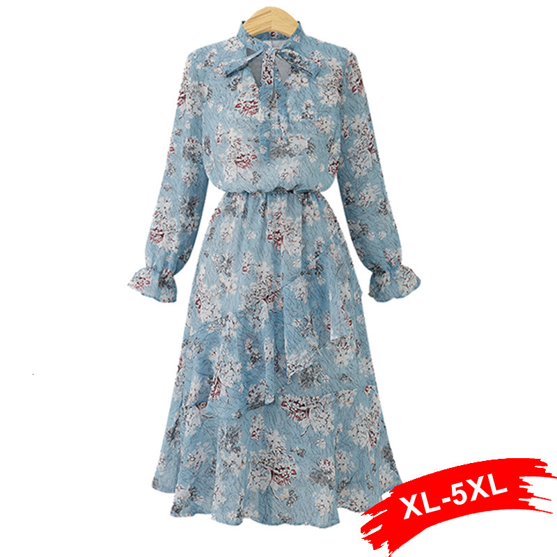 

Plus size Dresses Size Elegant Ruffled Floral Print Bow Tie Neck Midi Pink Dress 3Xl 4Xl Long Sleeve Female Ruffles Blue Vestidos 230627, Light blue