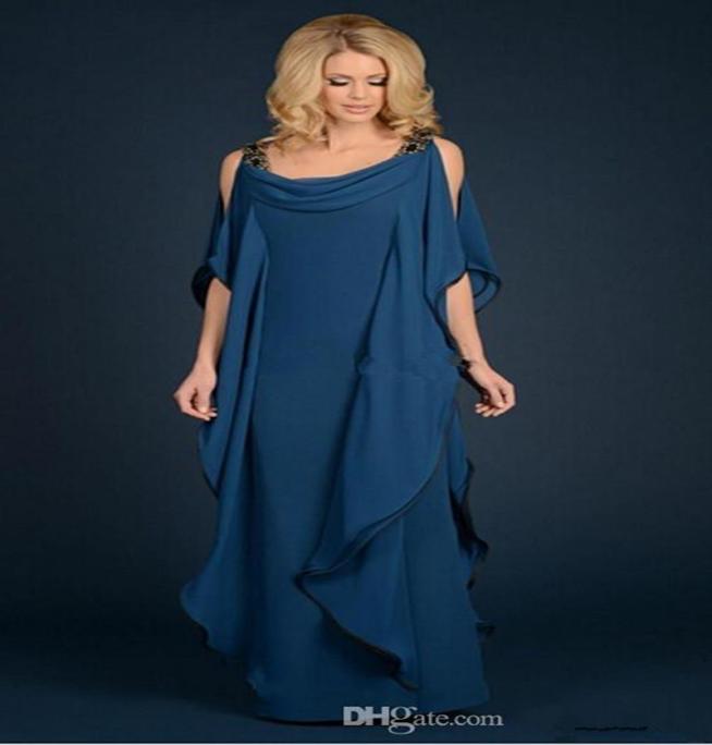 

2019 New Champagne Navy Blue Mother Of The Bride Dresses Chiffon Garment Beaded Plus Size Ruffles Flowing Mother Formal Evening Dr8752408